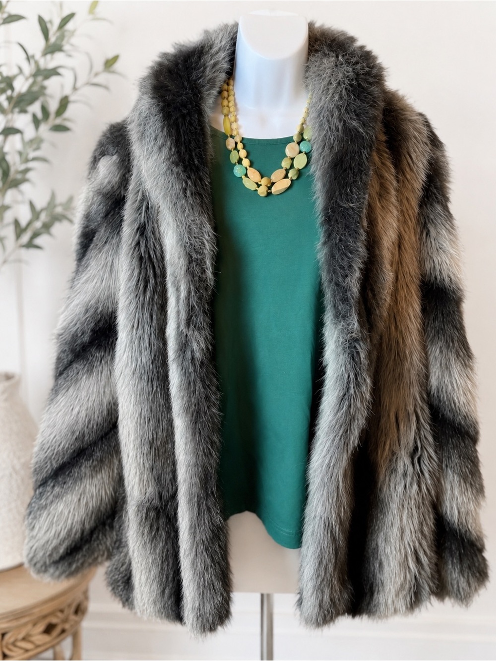 Vintage Outerlayers Gray Black Faux Fur Coat Made in USA